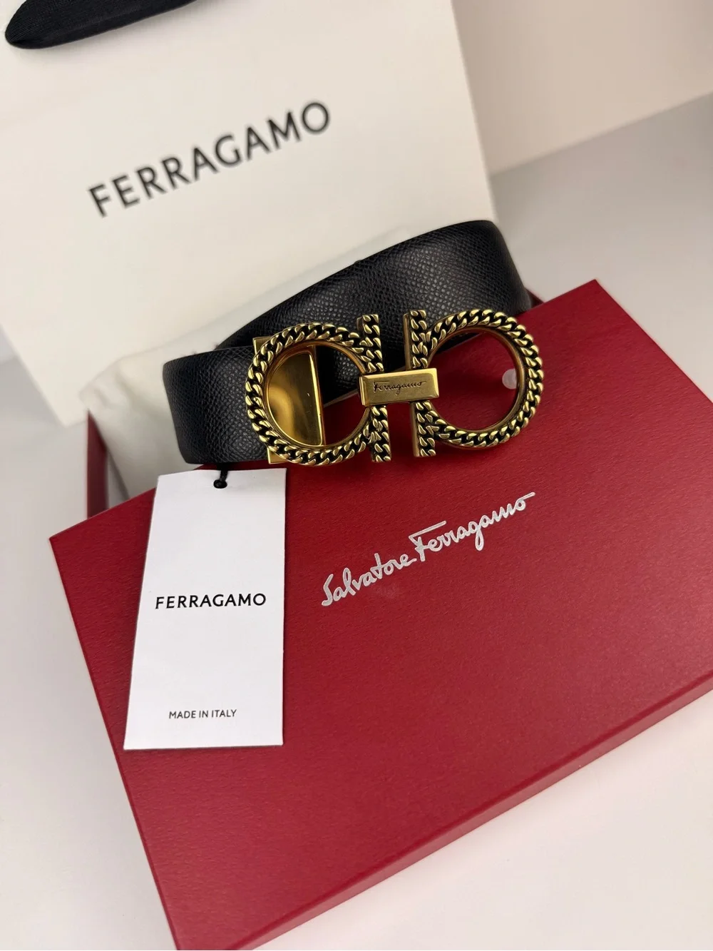 Ferragamo Gancini Reversible Belt 100 Black Camel Chain-Detail Buckle Cut-to-Fit